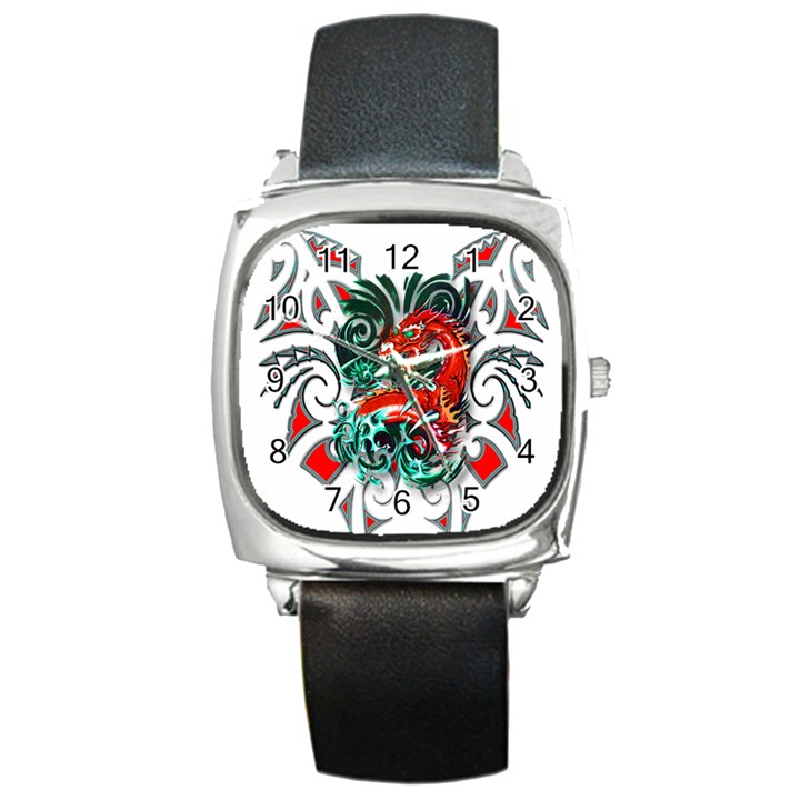 Tribal Dragon Square Leather Watch