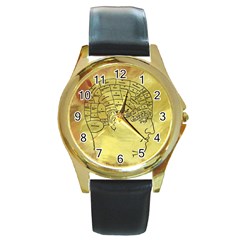 Brain Map Round Leather Watch (gold Rim) 