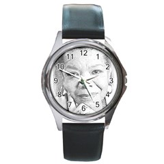 Maya  Round Leather Watch (silver Rim) by Dimension