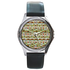 Aztec Grunge Pattern Round Leather Watch (silver Rim) by dflcprints