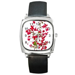 Red Petals Square Leather Watch