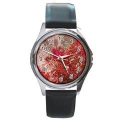 Decorative Flowers Collage Round Leather Watch (silver Rim)