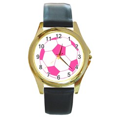 Soccer Ball Pink Round Leather Watch (gold Rim) 