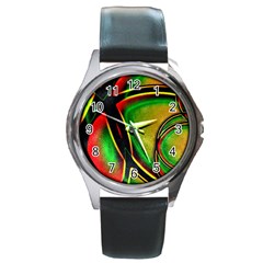 Multicolored Modern Abstract Design Round Leather Watch (silver Rim)