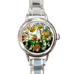 Yellow Flowers Round Italian Charm Watch by SaraThePixelPixie