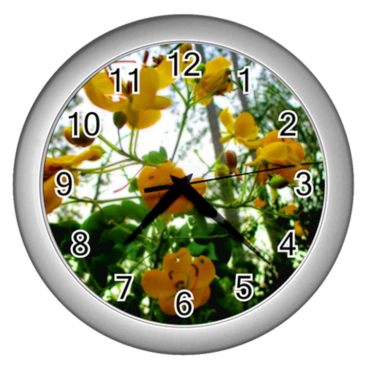 Yellow Flowers Wall Clock (Silver)