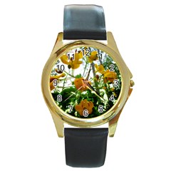 Yellow Flowers Round Leather Watch (gold Rim) 