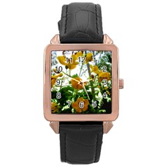 Yellow Flowers Rose Gold Leather Watch 