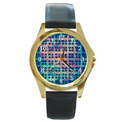 Led Zeppelin Symbols Round Leather Watch (gold Rim) 