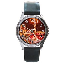 Bookworm Needlepoint Print Round Leather Watch (silver Rim)