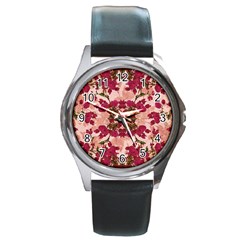 Retro Vintage Floral Motif Round Leather Watch (silver Rim) by dflcprints