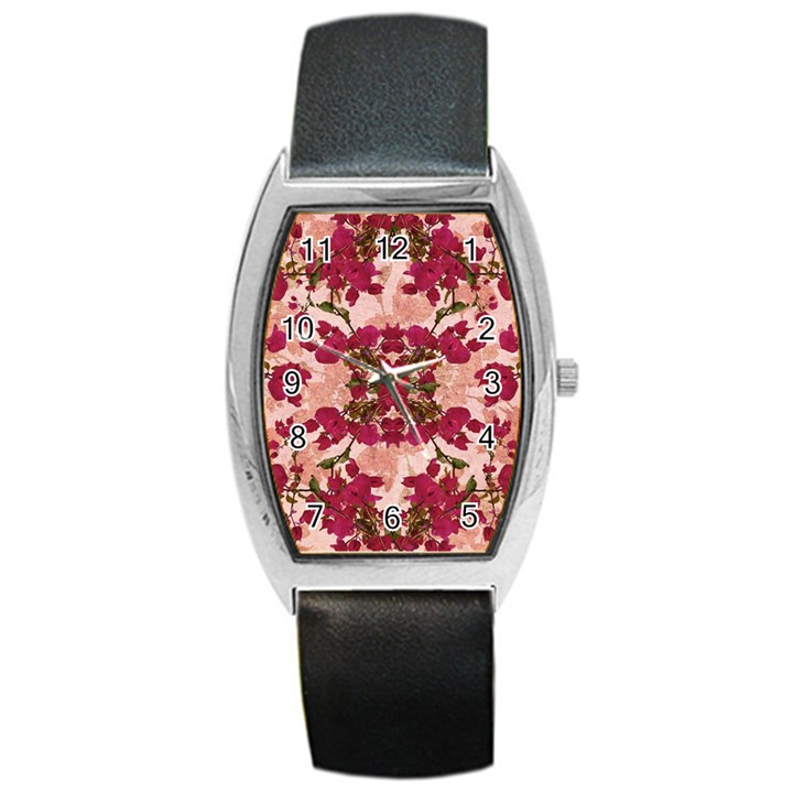 Retro Vintage Floral Motif Tonneau Leather Watch