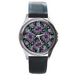 Floral Arabesque Pattern Round Leather Watch (silver Rim) by dflcprints