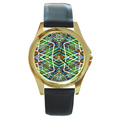 Colorful Geometric Abstract Pattern Round Leather Watch (gold Rim)  by dflcprints