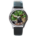 Majestic Moose Round Leather Watch (Silver Rim) Front