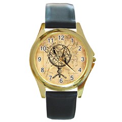 Discover The World Round Leather Watch (gold Rim) 