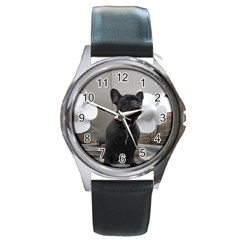 French Bulldog Round Leather Watch (Silver Rim)