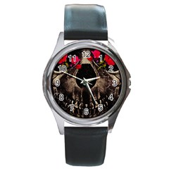 Death And Flowers Round Leather Watch (silver Rim)