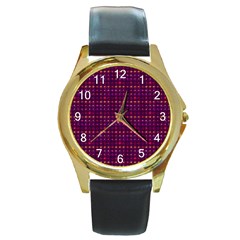 Funky Retro Pattern Round Leather Watch (gold Rim) 