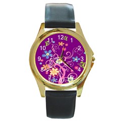 Flowery Flower Round Leather Watch (gold Rim) 