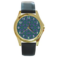 Retro Flower Pattern  Round Leather Watch (gold Rim) 