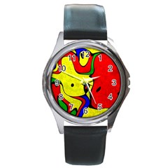 Abstract Round Leather Watch (silver Rim)