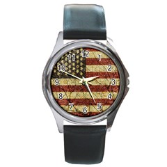 Vinatge American Roots Round Leather Watch (silver Rim) by dflcprints