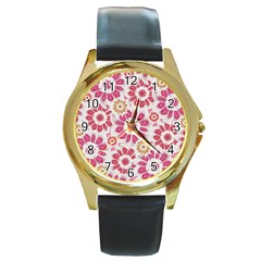 Feminine Flowers Pattern Round Leather Watch (gold Rim) 