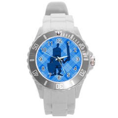 Blue Knight On Plaid Plastic Sport Watch (large) by StuffOrSomething