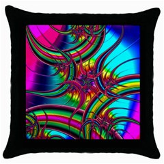 Abstract Neon Fractal Rainbows Black Throw Pillow Case