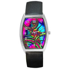 Abstract Neon Fractal Rainbows Tonneau Leather Watch