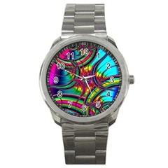 Abstract Neon Fractal Rainbows Sport Metal Watch