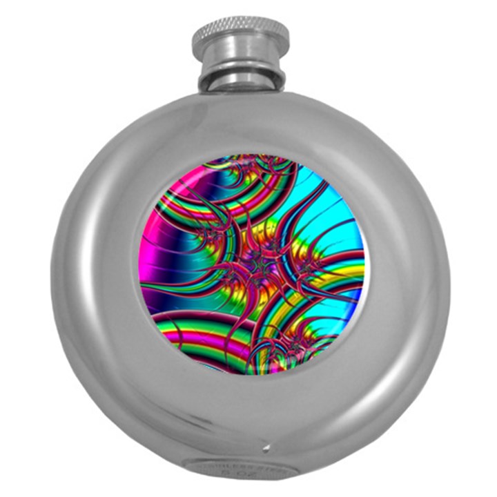 Abstract Neon Fractal Rainbows Hip Flask (Round)