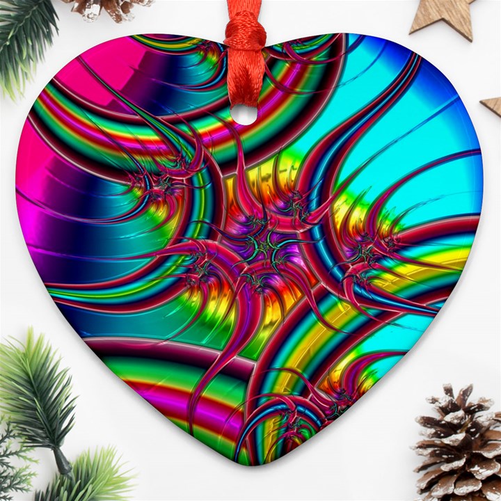 Abstract Neon Fractal Rainbows Heart Ornament (Two Sides)