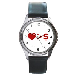 Love Is More Than Money Round Leather Watch (silver Rim) by dflcprints