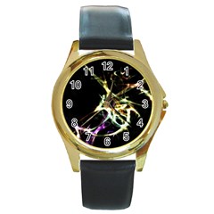 Futuristic Abstract Dance Shapes Artwork Round Leather Watch (gold Rim)  by dflcprints