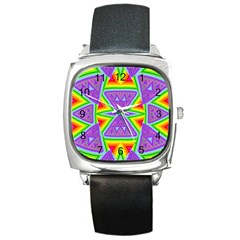 Trippy Rainbow Triangles Square Leather Watch by SaraThePixelPixie