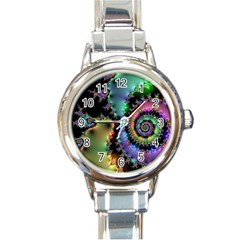 Satin Rainbow, Spiral Curves Through The Cosmos Round Italian Charm Watch by DianeClancy