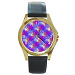 Rainbow Led Zeppelin Symbols Round Leather Watch (Gold Rim)  Front