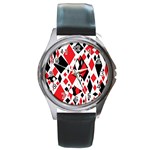 Distorted Diamonds In Black & Red Round Leather Watch (Silver Rim) Front