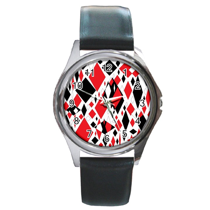 Distorted Diamonds In Black & Red Round Leather Watch (Silver Rim)