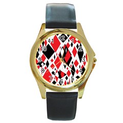 Distorted Diamonds In Black & Red Round Leather Watch (gold Rim) 