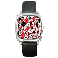 Distorted Diamonds In Black & Red Square Leather Watch