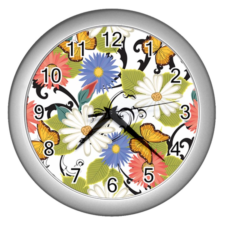 Floral Fantasy Wall Clock (Silver)