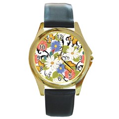 Floral Fantasy Round Leather Watch (gold Rim) 