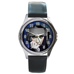 Fibro Brain Round Leather Watch (silver Rim) by FunWithFibro