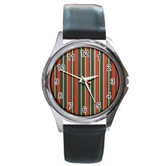 Festive Stripe Round Leather Watch (silver Rim) by Colorfulart23