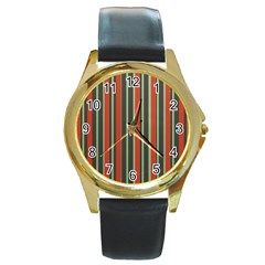 Festive Stripe Round Leather Watch (gold Rim) 