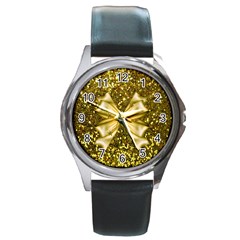 Golden Sequins And Bow Round Leather Watch (silver Rim)