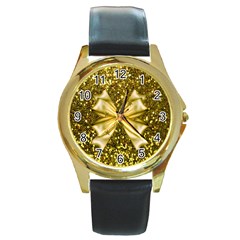 Golden Sequins And Bow Round Leather Watch (gold Rim) 